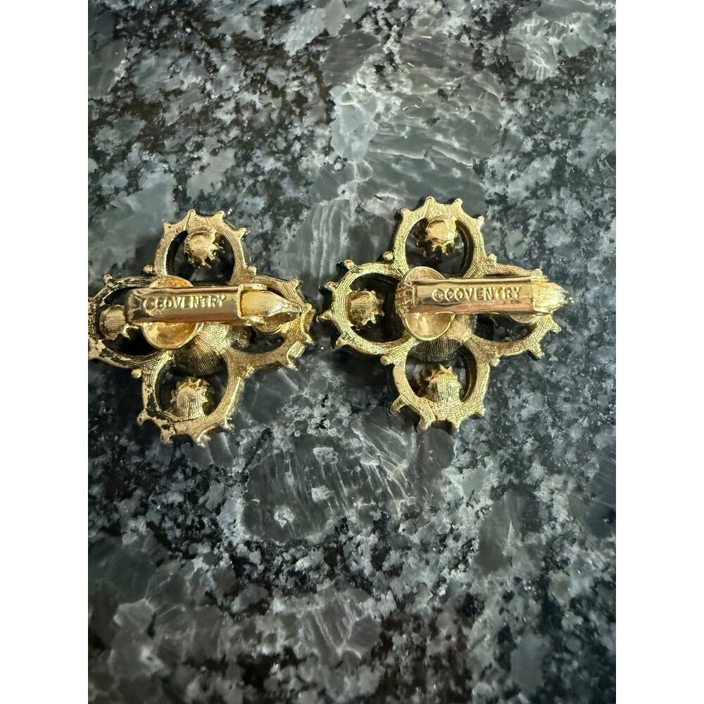 Vintage Sarah Coventry Green & Pink Rhinestone Flower Clip-On Earrings Gold Tone - Picture 6 of 9